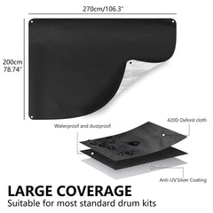 Musiin Drum set dust cover Protective drum cover, heavy-duty Oxford cloth with silver coating, suitable for most drum stands Comes with bag (Black)