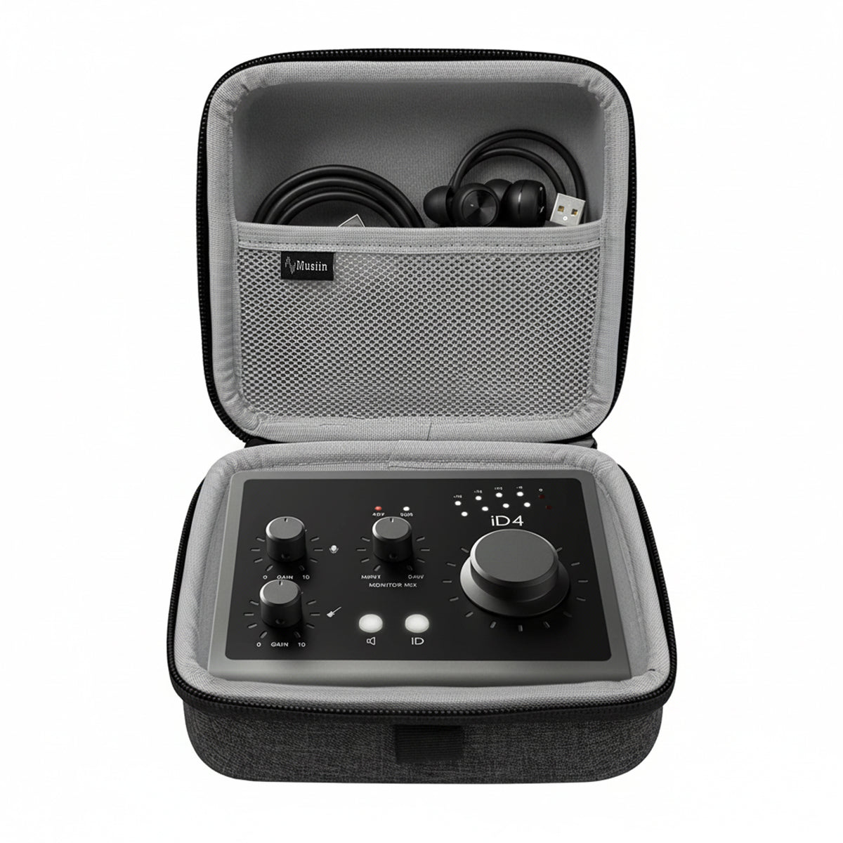 Musiin Audio Interface Case Compatible with sonicake smart box/Audient iD4,NI komplete Audio1/2,features soft lining, mesh pocket for cables, and comfy handle—ideal for studio, rehearsal, and travel.