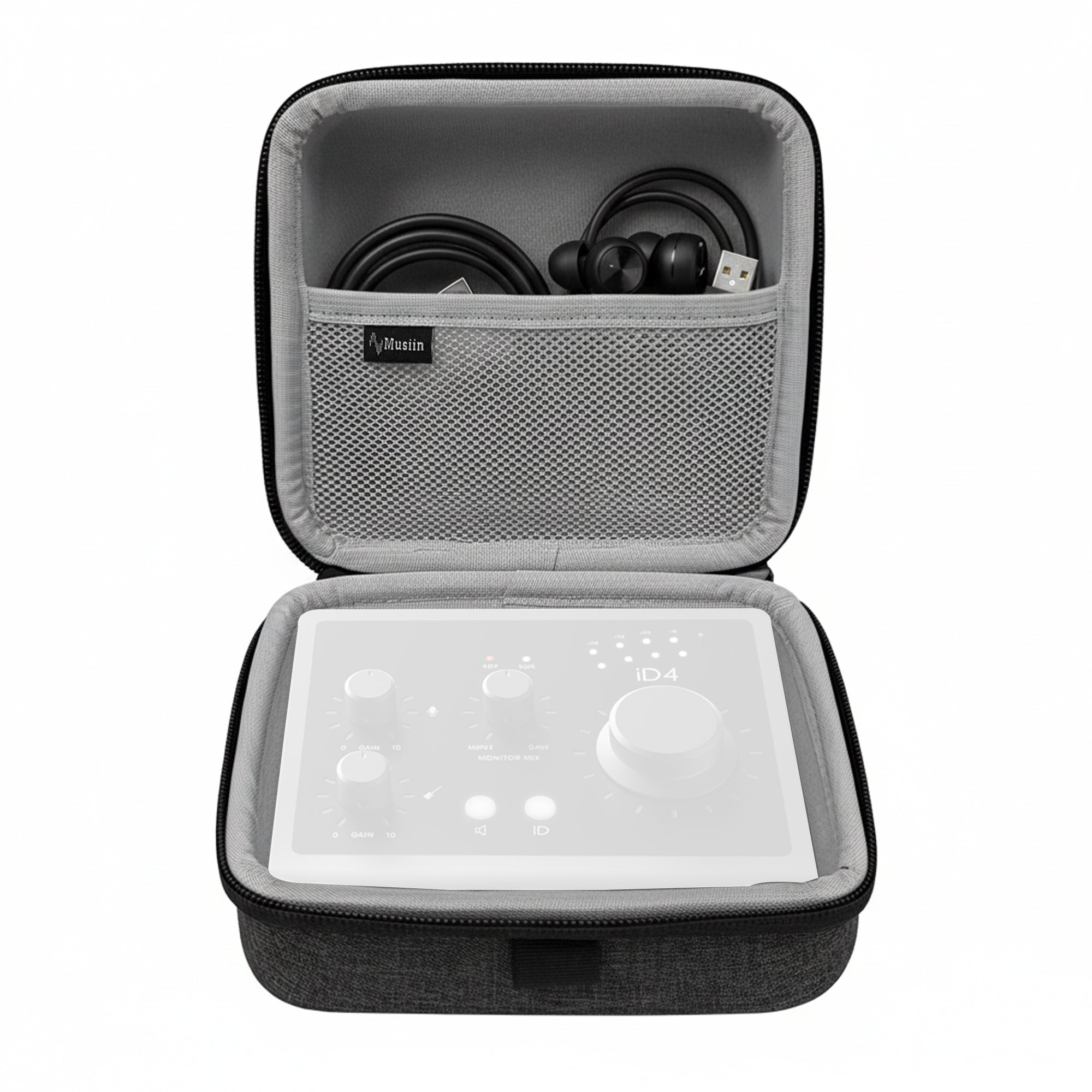 Musiin Audio Interface Case Compatible with sonicake smart box/Audient iD4,NI komplete Audio1/2,features soft lining, mesh pocket for cables, and comfy handle—ideal for studio, rehearsal, and travel.