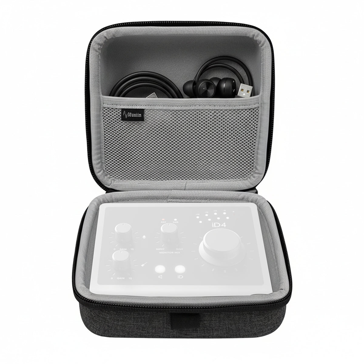 Musiin Audio Interface Case Compatible with Sonicake QME-20/Audient iD4 MK2,NI komplete Audio1/2,features soft lining, mesh pocket for cables, and comfy handle—ideal for studio, rehearsal, and travel.