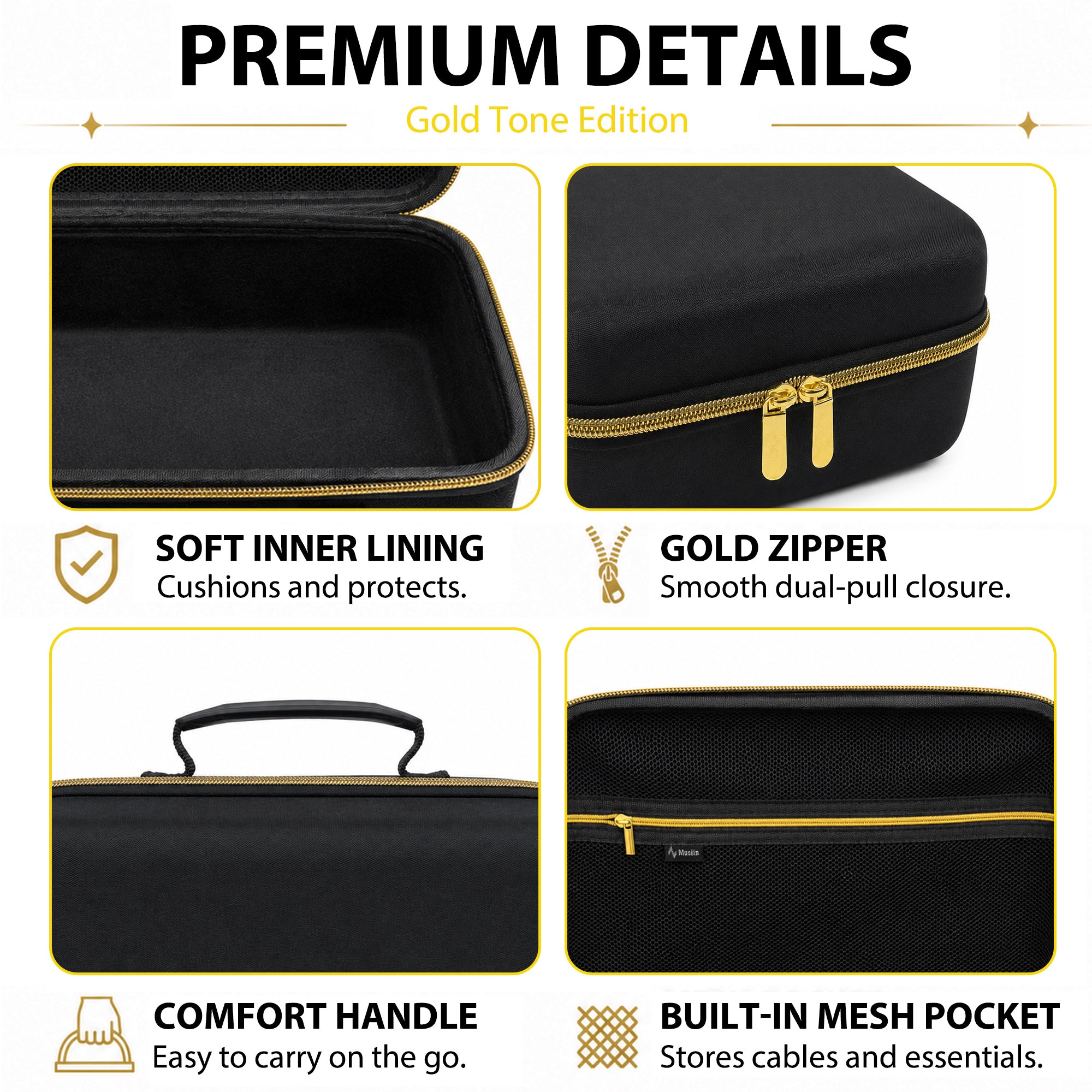 Musiin Custom Audio Interface Case Compatible with Yamaha URX22 URX44/44V with Mesh Pocket, Gold Zipper and Comfortable Handle for Studio, Daily Storage and Stage Carrying (Gold Tone Edition)