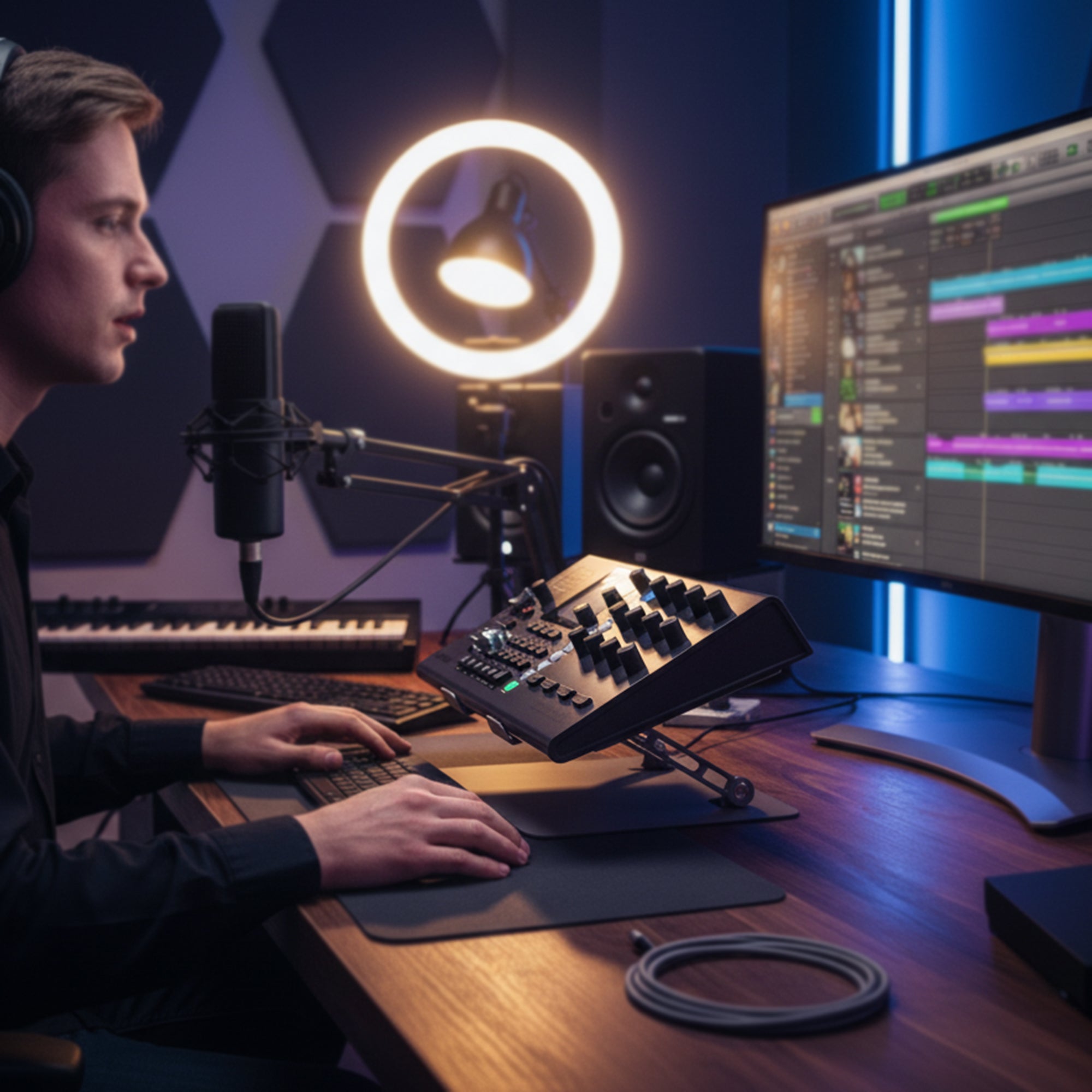 Musiin Home Studio Desktop Mixer Stand Compatible with Nektar Panorama CS12, Rode RODECaster Pro II, Tascam Mixcast 4 and most 25keys Midi controller Lift Stand, Premium Aluminum Portable Foldable