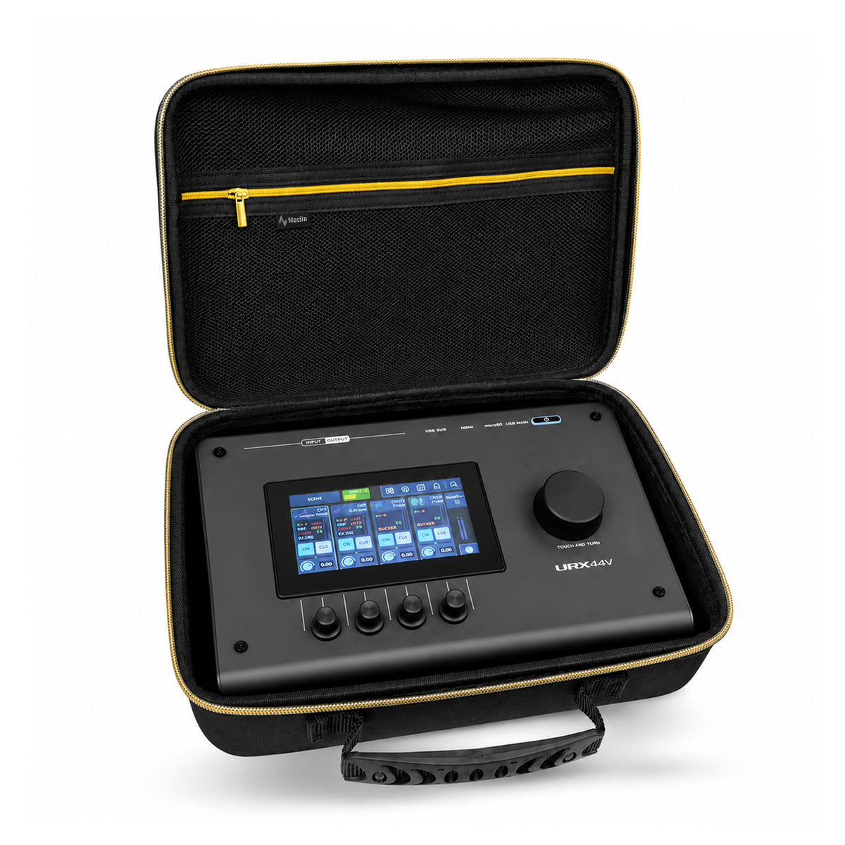 Musiin Custom Audio Interface Case Compatible with Yamaha URX22 URX44/44V with Mesh Pocket, Gold Zipper and Comfortable Handle for Studio, Daily Storage and Stage Carrying (Gold Tone Edition)