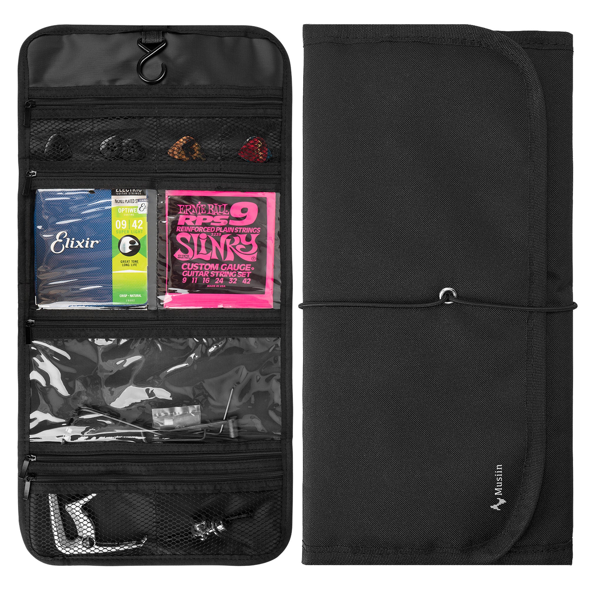 Musiin Guitar Accessory Portable Case, Hanging Hook Foldable Multi-Pocket Design for Picks, Strings, Capo, Straps and Accessories, Fits in Gig Bags, Essential for Guitarists and Musicians