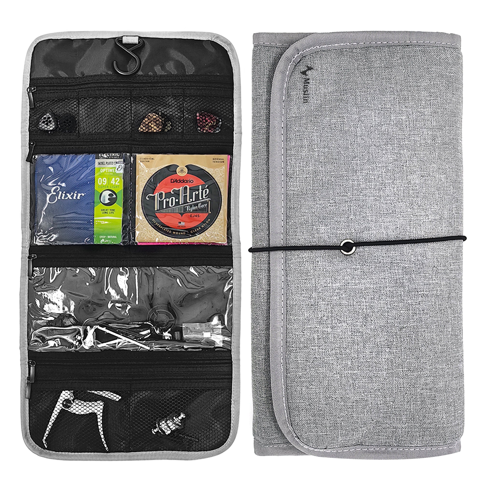 Musiin Guitar Accessory Portable Case, Hanging Hook Foldable Multi-Pocket Design for Picks, Strings, Capo, Straps and Accessories, Fits in Gig Bags, Essential for Guitarists and Musicians
