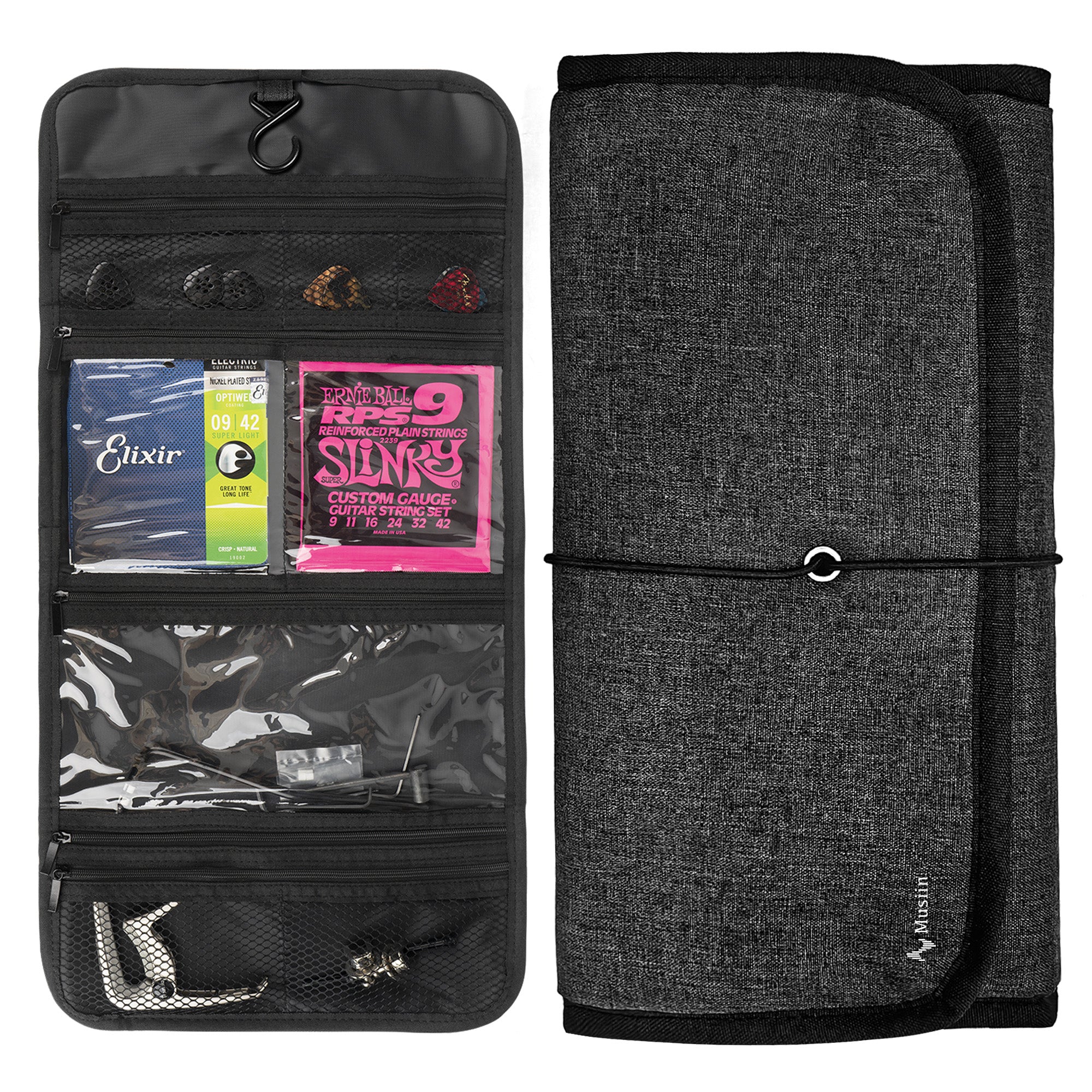 Musiin Guitar Accessory Portable Case, Hanging Hook Foldable Multi-Pocket Design for Picks, Strings, Capo, Straps and Accessories, Fits in Gig Bags, Essential for Guitarists and Musicians