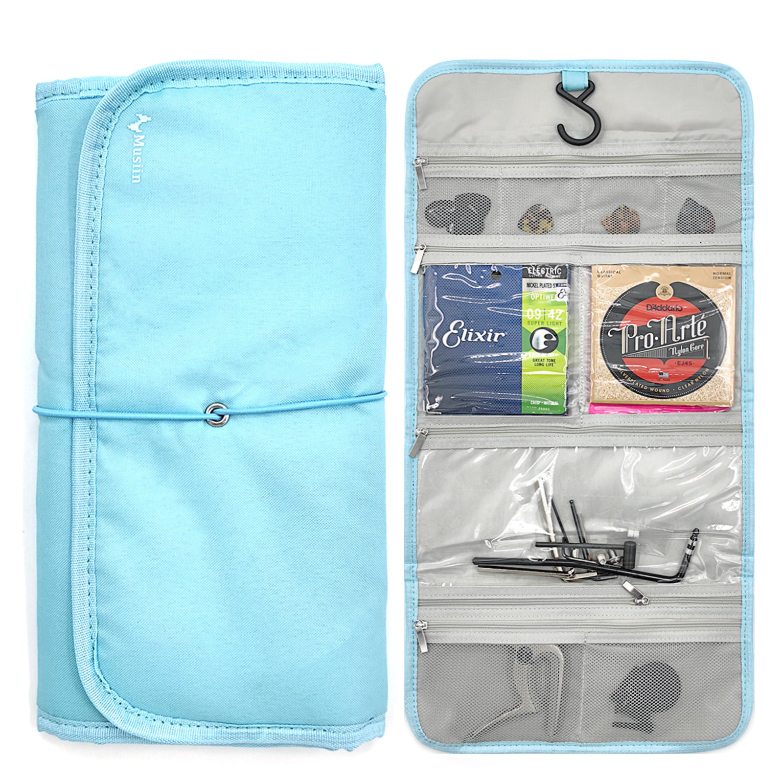 Musiin Guitar Accessory Portable Case, Hanging Hook Foldable Multi-Pocket Design for Picks, Strings, Capo, Straps and Accessories, Fits in Gig Bags, Essential for Guitarists and Musicians
