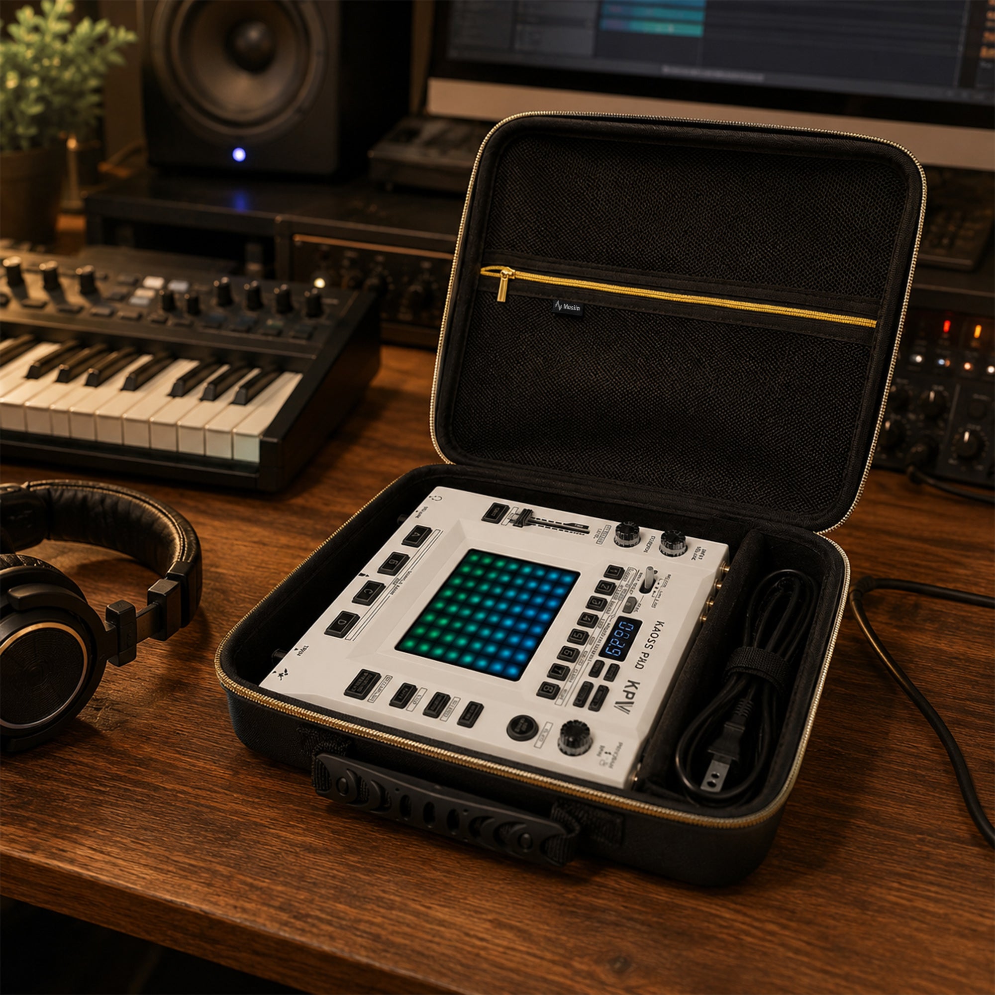 Musiin DJ Production Case Compatible with KORG KAOSS PAD V KAOSS KP3+, with Cable Divider, Mesh Pocket, Gold Zipper and Comfortable Handle for Studio, Daily Storage and Live Use(Gold Tone Edition)