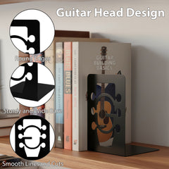 Musiin Guitar Shape Metal Bookends, Black Heavy-Duty Decorative, Music Books, CDs & Magazines Holders for Home Office Studio Library, Modern Design Book Organizer Pair