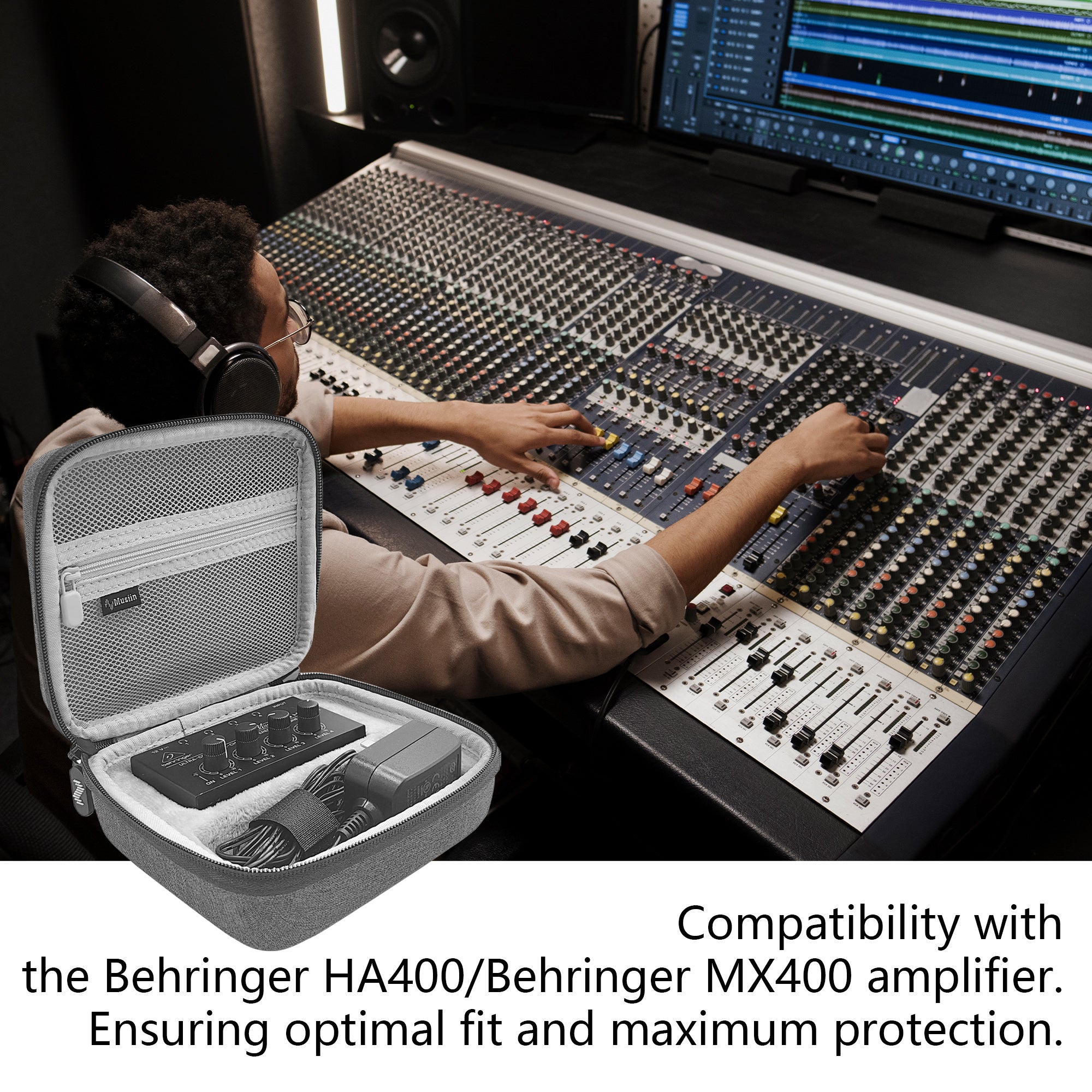 Musiin Headphone Amplifier Case Compatible with Behringer HA400 HA400 MX400 and cable storage, Shockproof and waterproof, Hard shell portable storage bag