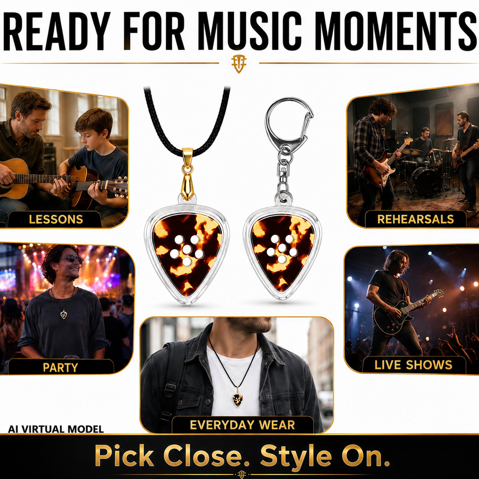 Musiin Collection Guitar Pick Holder Necklace(Gold-Tone Standard)