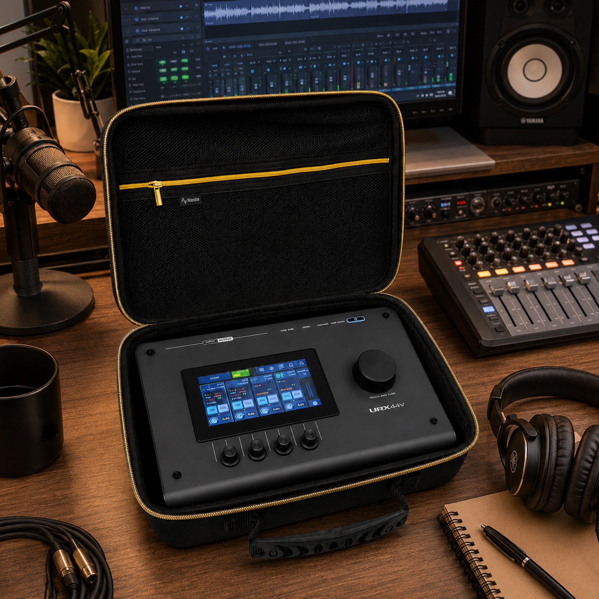 Musiin Custom Audio Interface Case Compatible with Yamaha URX22 URX44/44V with Mesh Pocket, Gold Zipper and Comfortable Handle for Studio, Daily Storage and Stage Carrying (Gold Tone Edition)