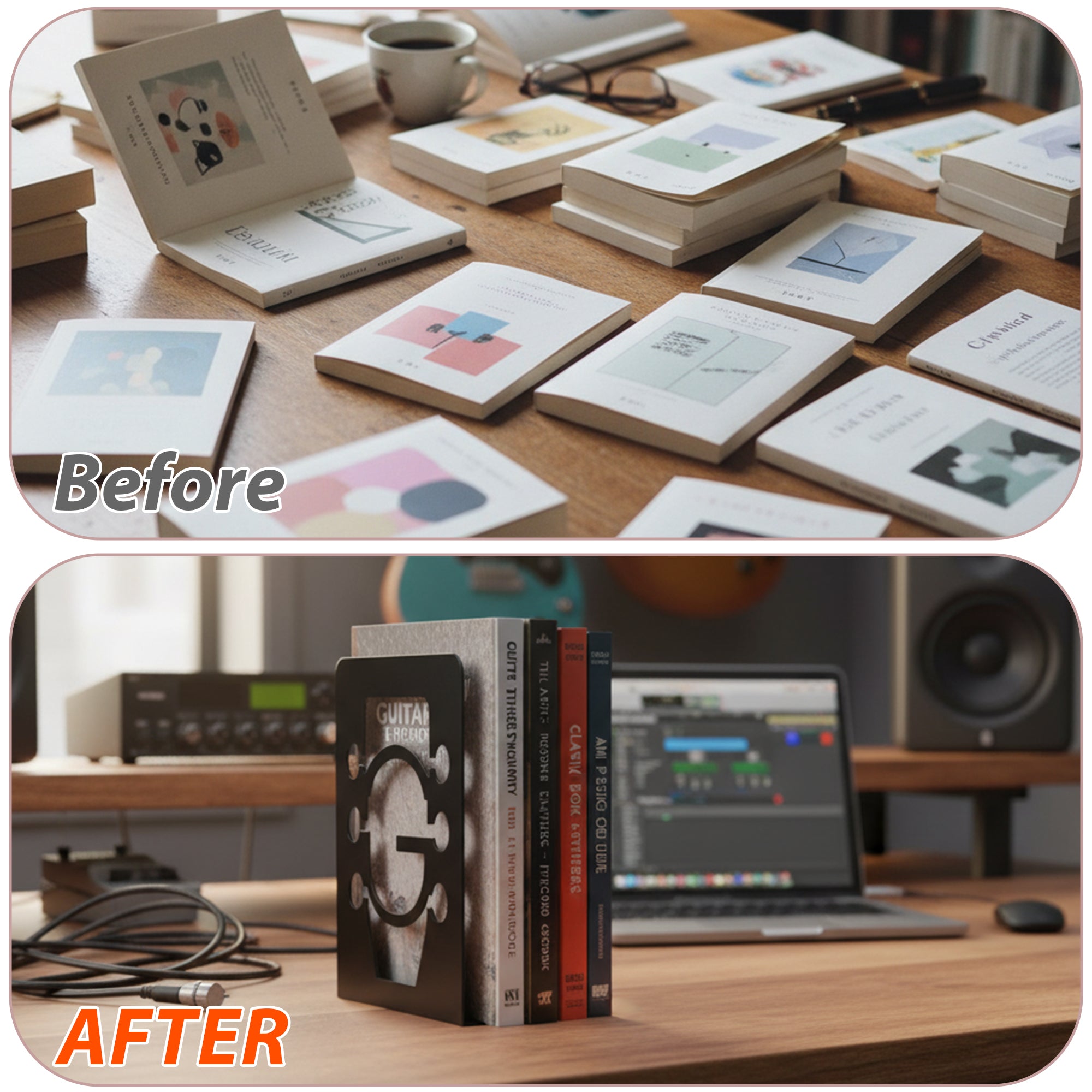 Musiin Guitar Shape Metal Bookends, Black Heavy-Duty Decorative, Music Books, CDs & Magazines Holders for Home Office Studio Library, Modern Design Book Organizer Pair