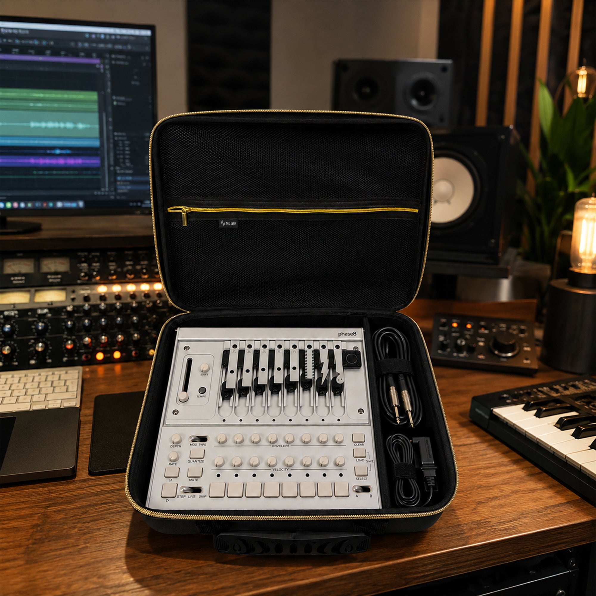 Musiin Custom Acoustic Synthesizer Case Compatible with KORG Phase 8, with Mesh Pocket, Cable Compartment, Gold Zipper and Handle for Studio, Daily Storage and Stage Carrying (Gold Tone Edition)