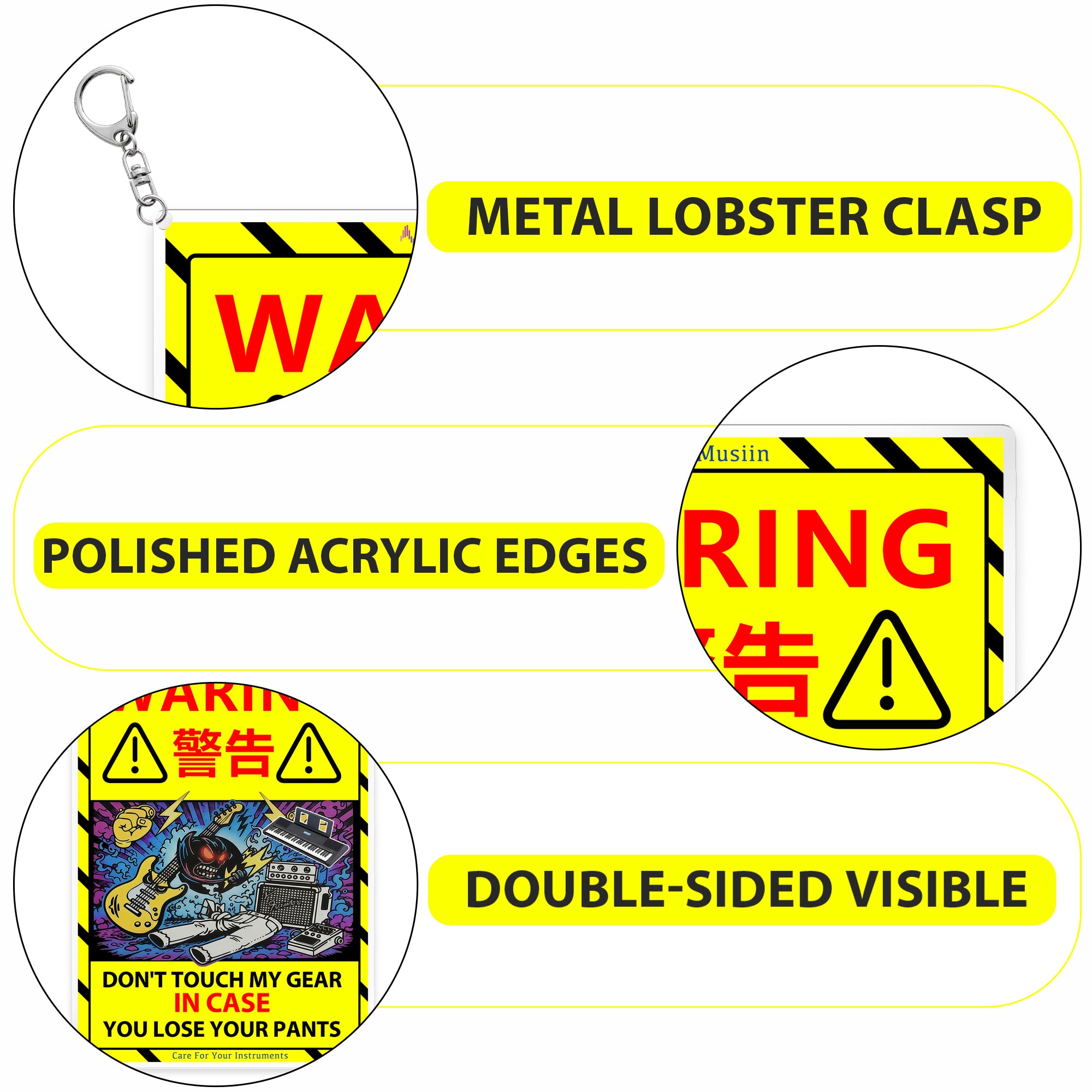 Musiin Double-Sided Music Gear Proetction Warning Acrylic Keychain – Double-Visible ''DON'T TOUCH MY GEAR'' Funny Warning Sign, Designed for Gear Lovers, Band Members, and Daily Keys or Bags