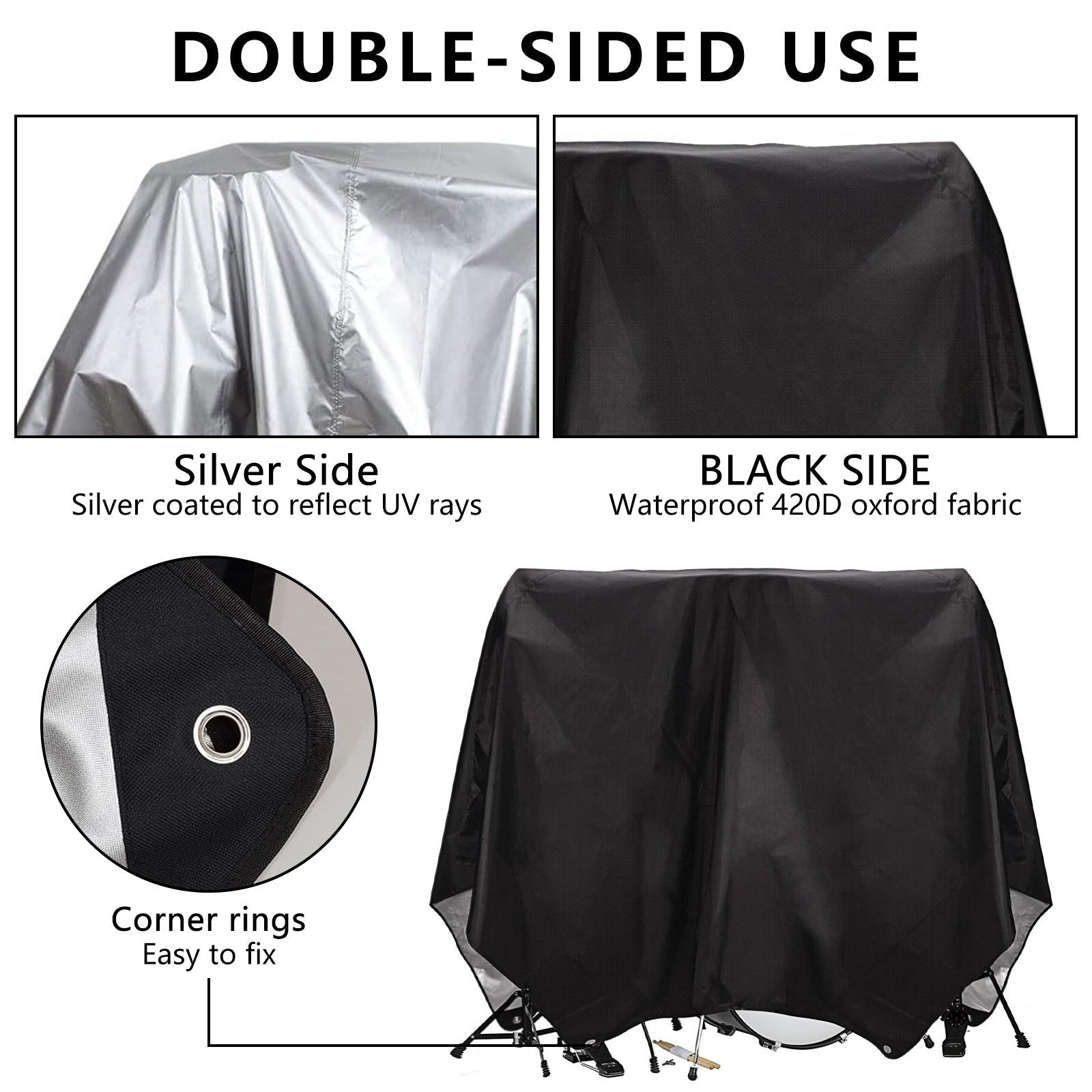 Musiin Drum set dust cover Protective drum cover, heavy-duty Oxford cloth with silver coating, suitable for most drum stands Comes with bag (Black)