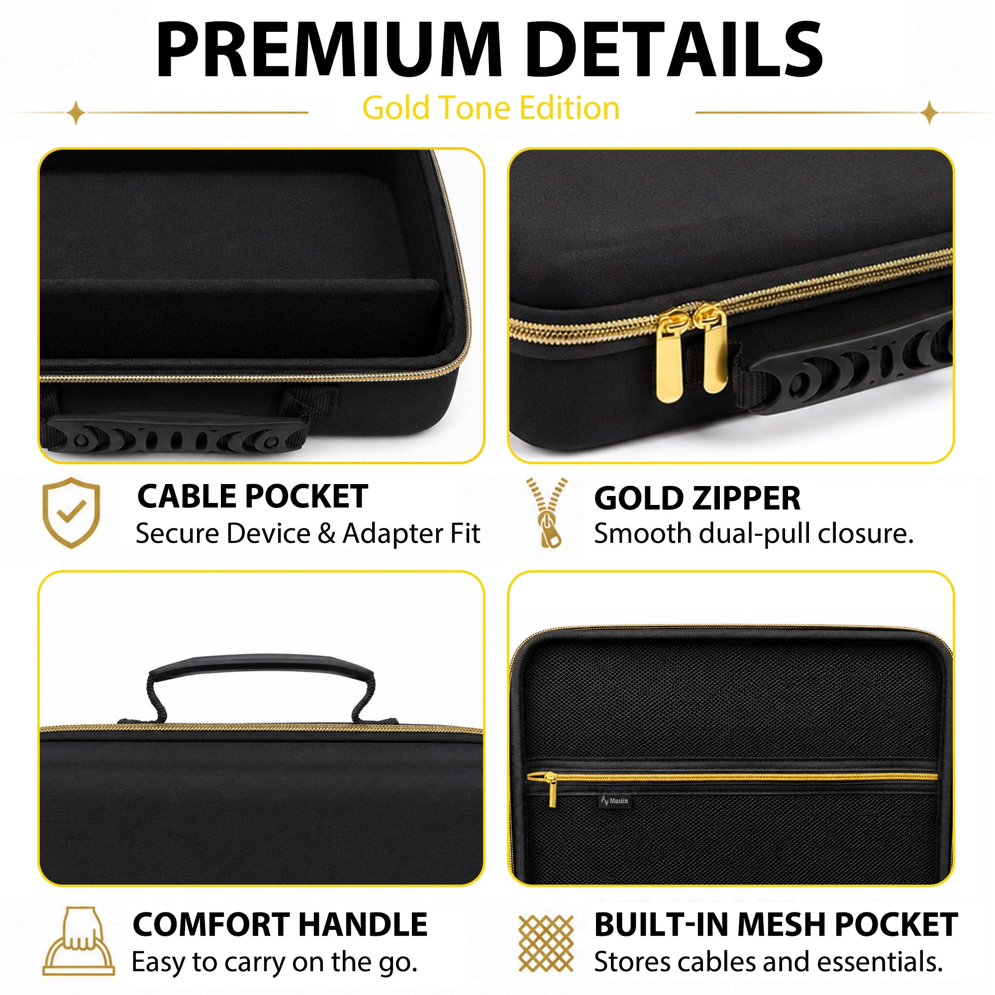 Musiin Guitar Digital Effects Processor Case Compatible with Neural DSP Quad Cortex, Portable Storage with Mesh Pocket, Cable Compartment, Gold Zipper and Handle (Gold Tone Edition)