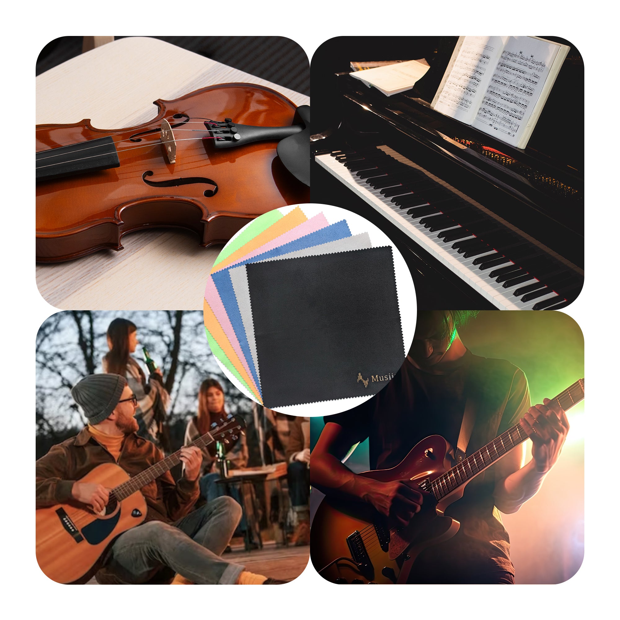 Musiin Original Guitar Cleaning Cloth, Custom Soft Microfiber, Lint-Free Polishing Cloth for Guitar, Violin, Piano, Keyboard, Trumpet, Clarinet. (6 Colors Packs)