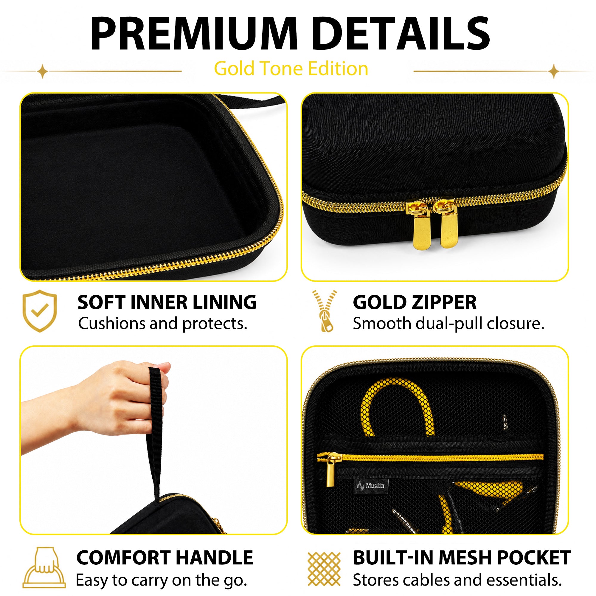 Musiin Guitar Pedal Carrying Case Compatible with Marshall JCM900/800/JVM Pedal, Intech Studio EN16, Gold Top Zipper, Wrist Strap, Mesh Pocket, for Studio and Live Performance, Gold Tone Edition