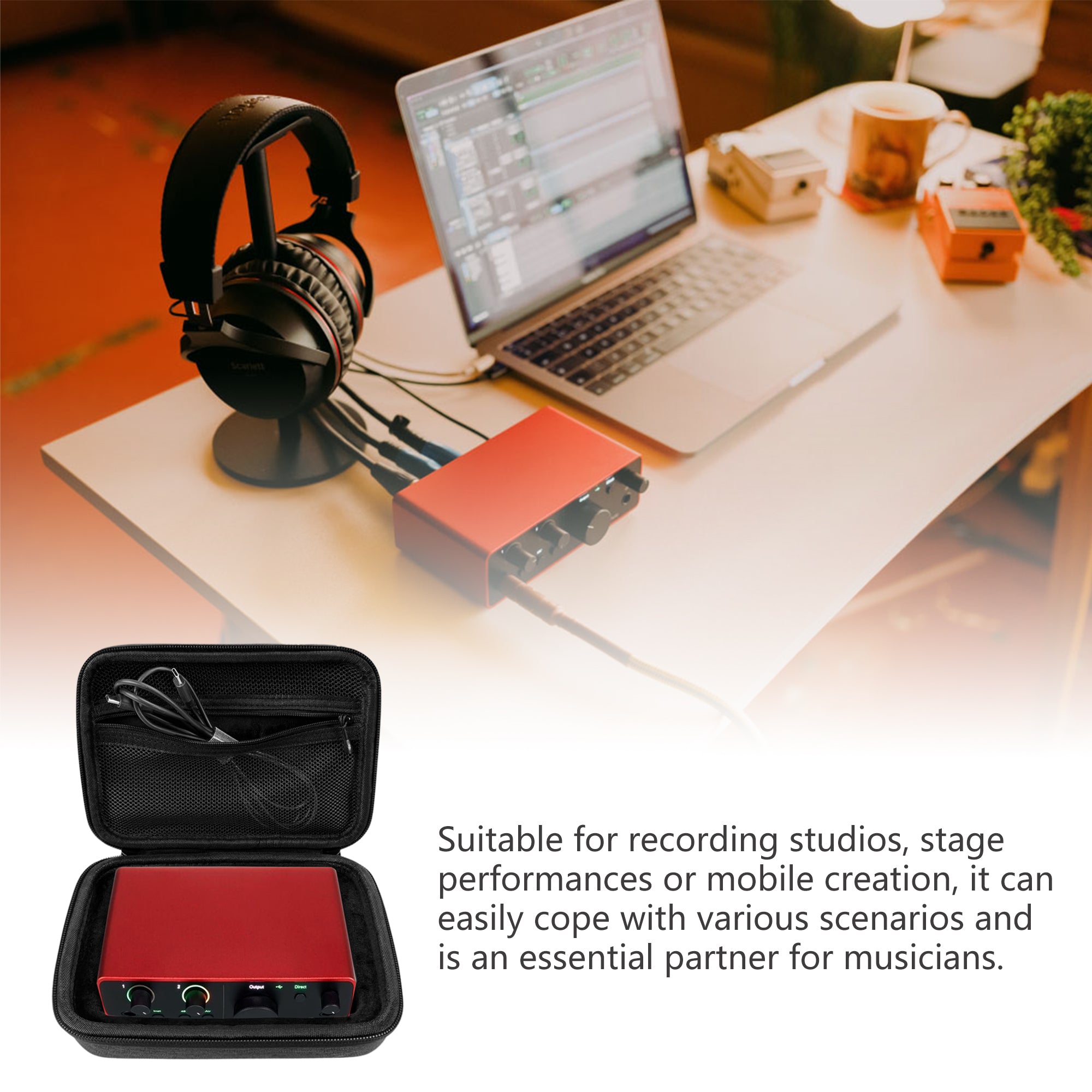 Musiin Audio Interface Hard Case Compatible with Focusrite Scarlett Solo 4th Gen, EVA Portable Bag with Soft Lining, Mesh Pocket, Dual Zipper, and Silicone Handle for Studio, Travel, and Gig Use