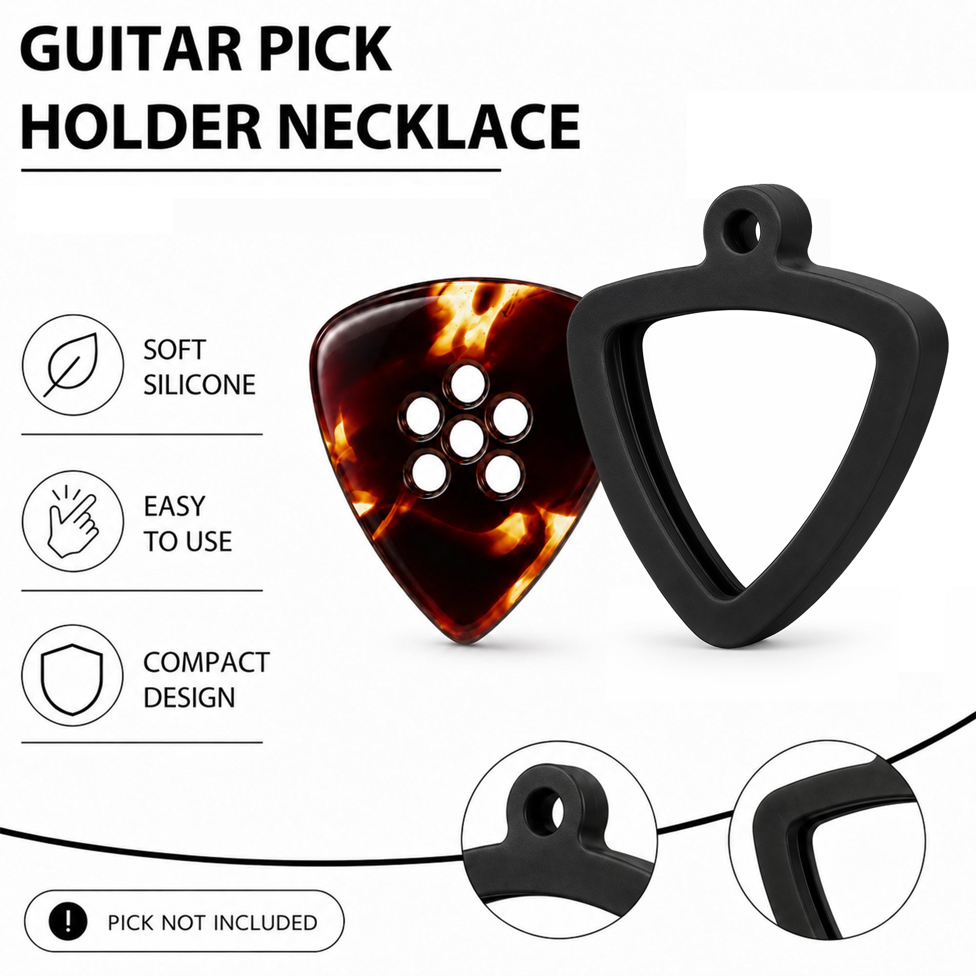 Musiin Guitar Pick Holder Necklace Compatible with Fender Dunlop D'Addario Triangle Picks, easy to access, suitable for players of various styles to showcase unique musical taste