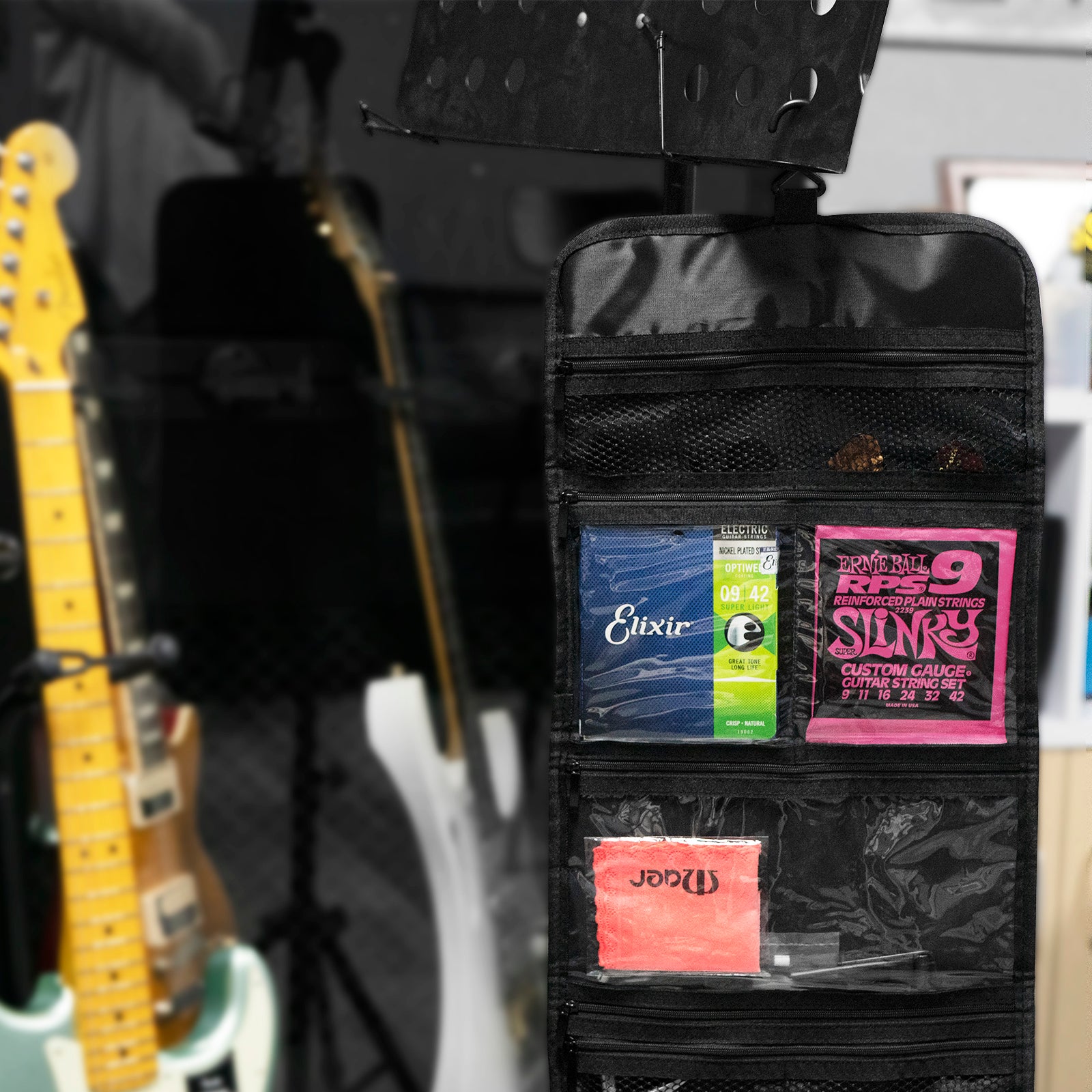 Musiin Guitar Accessory Organizer Bag, Foldable Easy Access Pockets Case, Picks, Strap, Capo, Strings Holder Storage (Black)