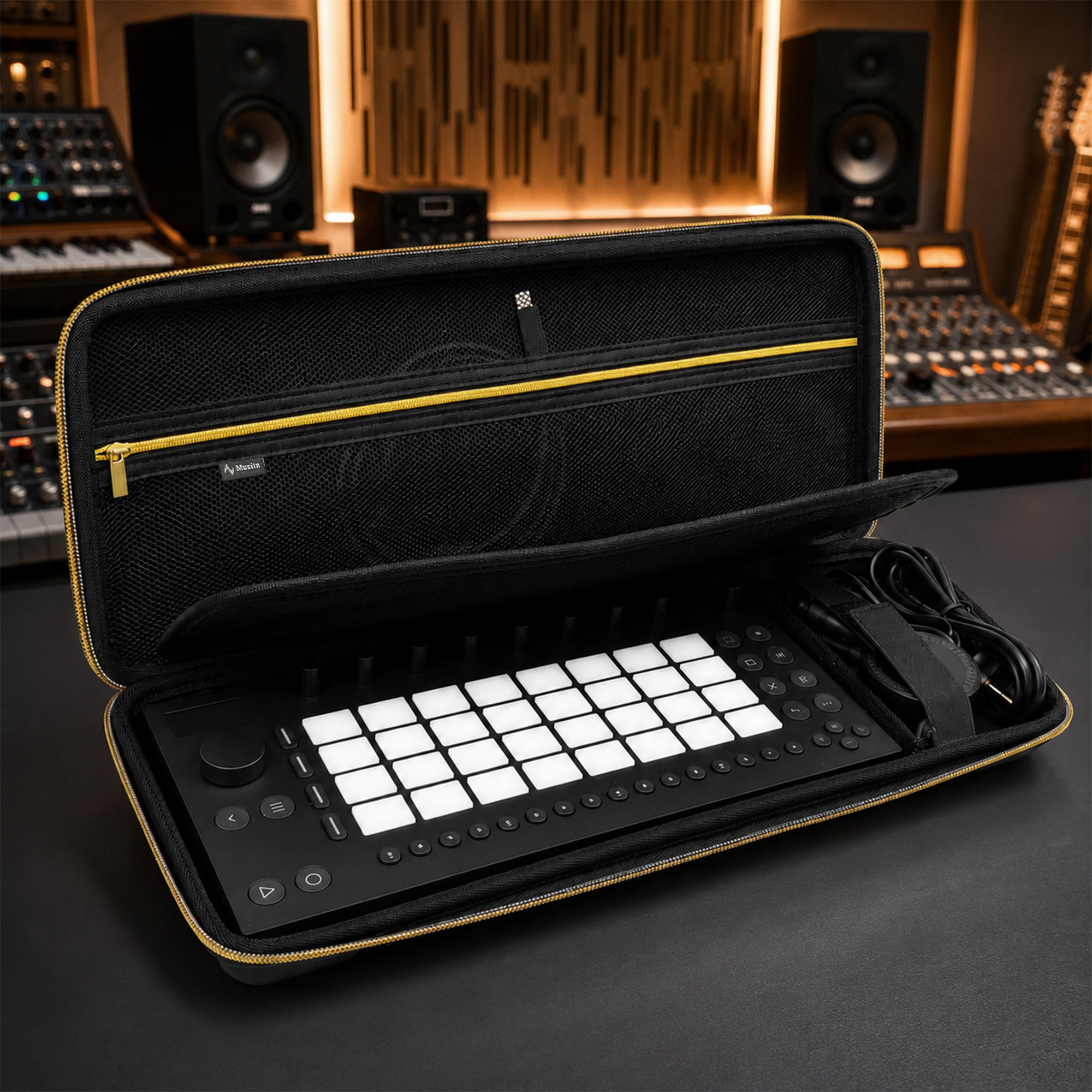 Musiin Production Stations Case Compatible with Ableton Move Arturia MicroLab MK3, Gold Zipper, Built-in Mesh Pocket, Cable Compartment, Fixed Design for Travel and Live Sets(Gold Tone Edition)