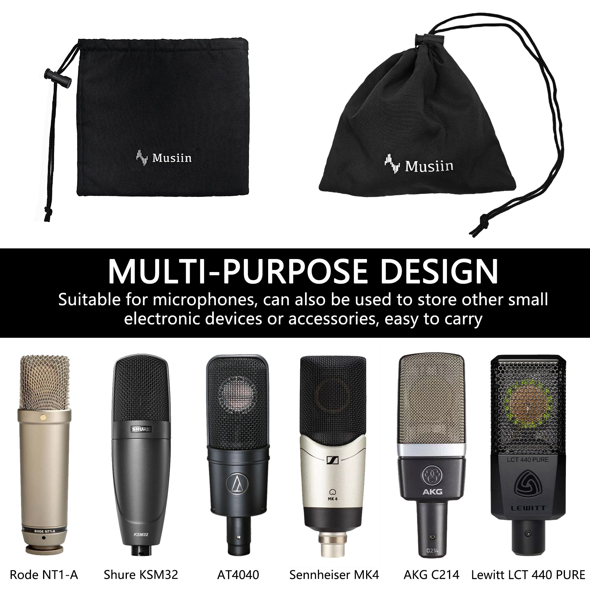 Musiin Microphone Storage Drawstring Bag Compatible with Sennheiser MK4, AKG C214, AT4040, Rode NT1-A, Lewitt LCT 440 PURE, Shure KSM32 Soft and portable, suitable for small electronic accessories