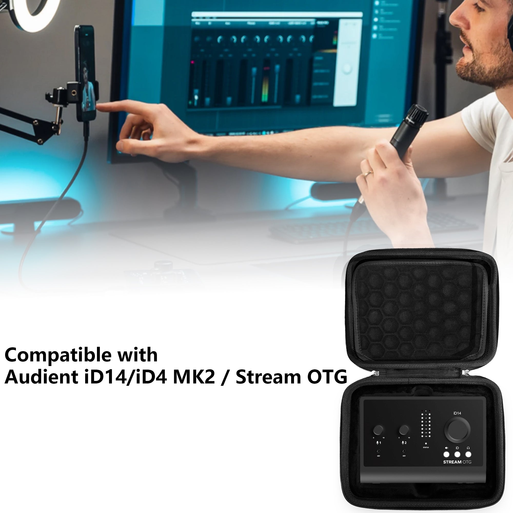 Audio Interface Carrying Case, Compatible with Audient iD14/iD4 MK2 / Stream OTG, Soft Lining with Groove Fit, Mesh Pocket for Cables and Accessories, Ideal for Studio Recording and Travel Use
