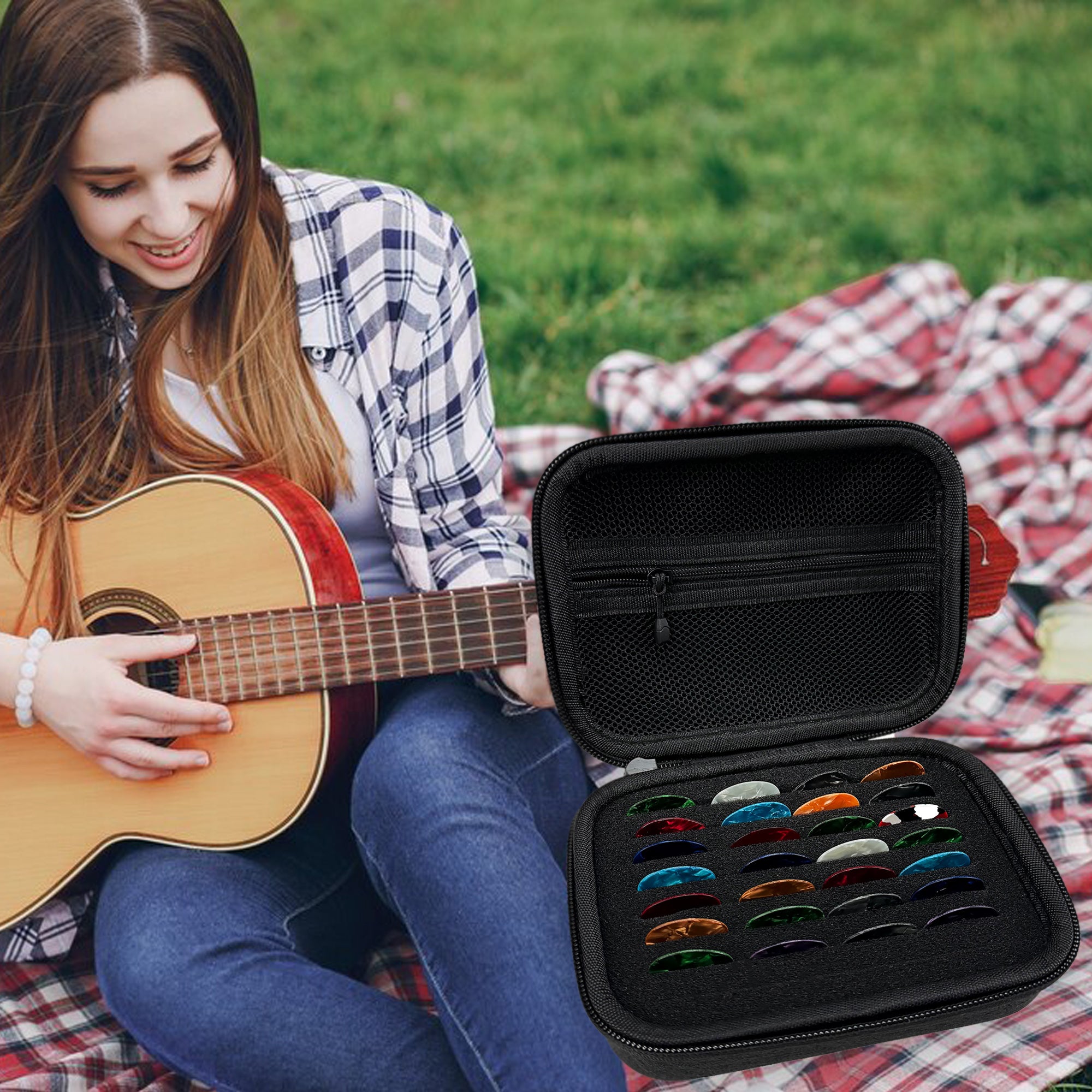 Musiin Guitar Pick Holder Case is compatible with Fender Dunlop D'Addario Guitar Accessories, stores guitar string racks and various sizes of pick storage boxes(Dark Grey)