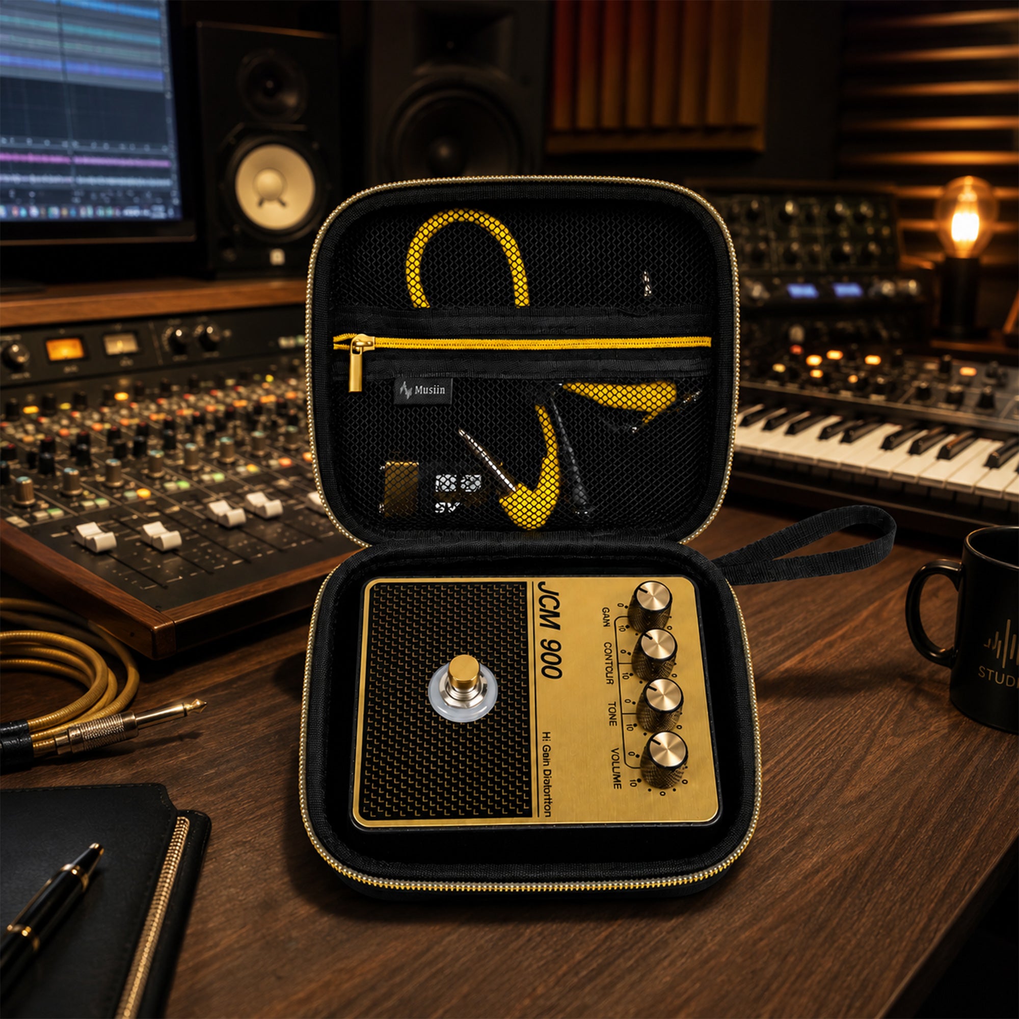 Musiin Guitar Pedal Carrying Case Compatible with Marshall JCM900/800/JVM Pedal, Intech Studio EN16, Gold Top Zipper, Wrist Strap, Mesh Pocket, for Studio and Live Performance, Gold Tone Edition
