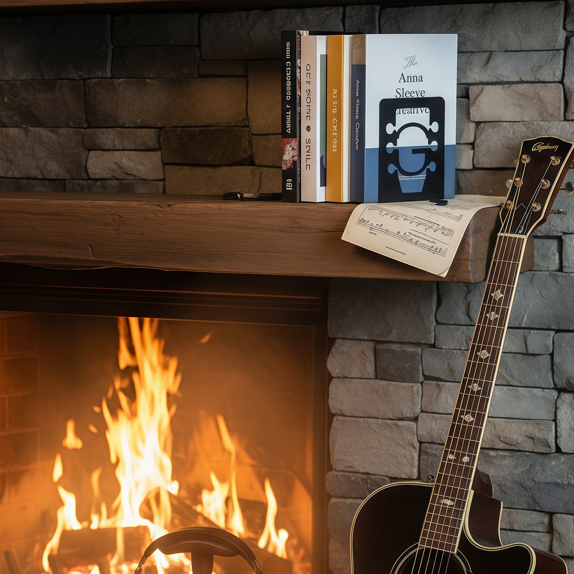 Musiin Guitar Shape Metal Bookends, Black Heavy-Duty Decorative, Music Books, CDs & Magazines Holders for Home Office Studio Library, Modern Design Book Organizer Pair