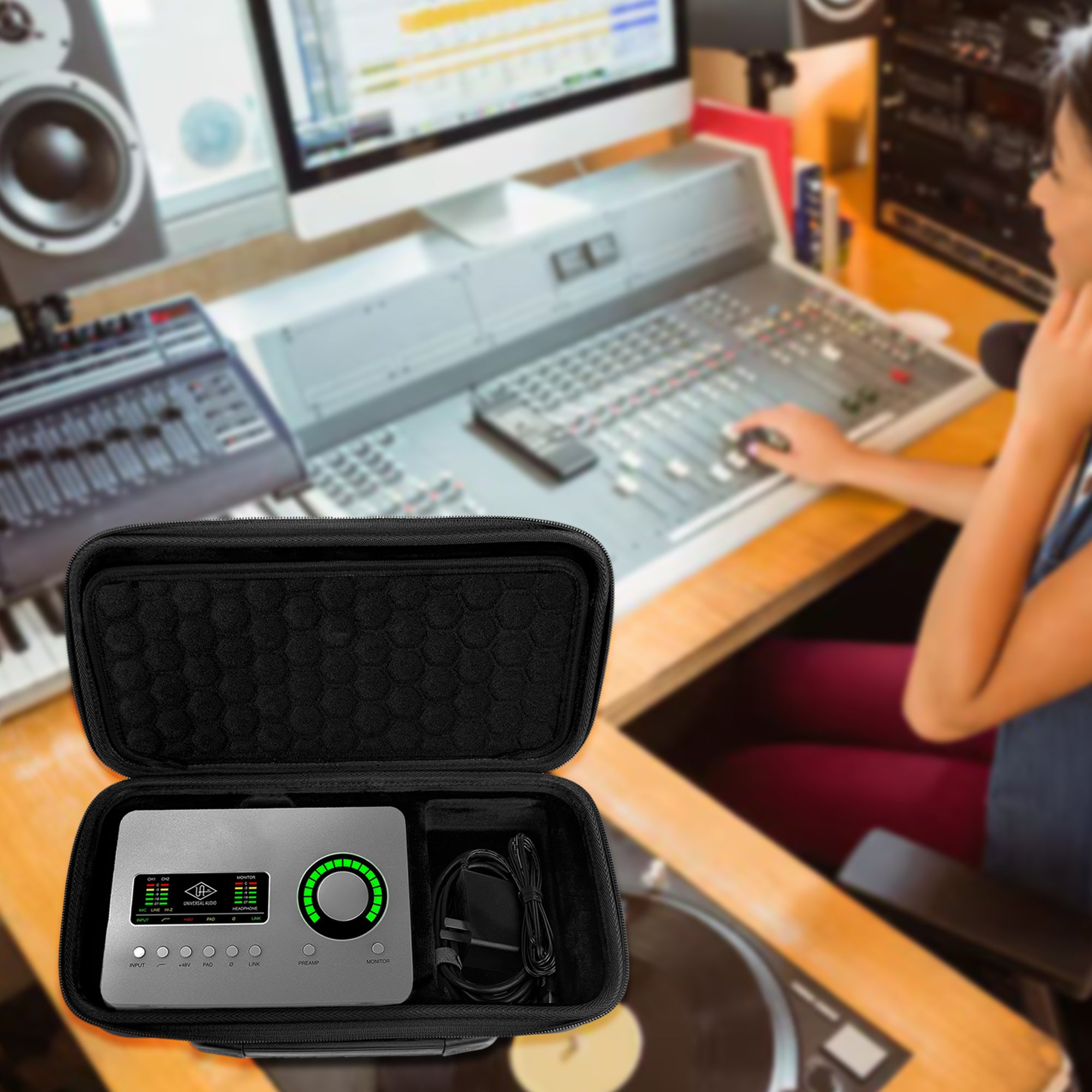Musiin Custom Audio Interface Case Compatible with UA Apollo Solo Heritage/Apollo Solo USB, Hard Shell with Shoulder Strap, Separate Cable Compartment, Portable Storage for Studio, Travel, Daily