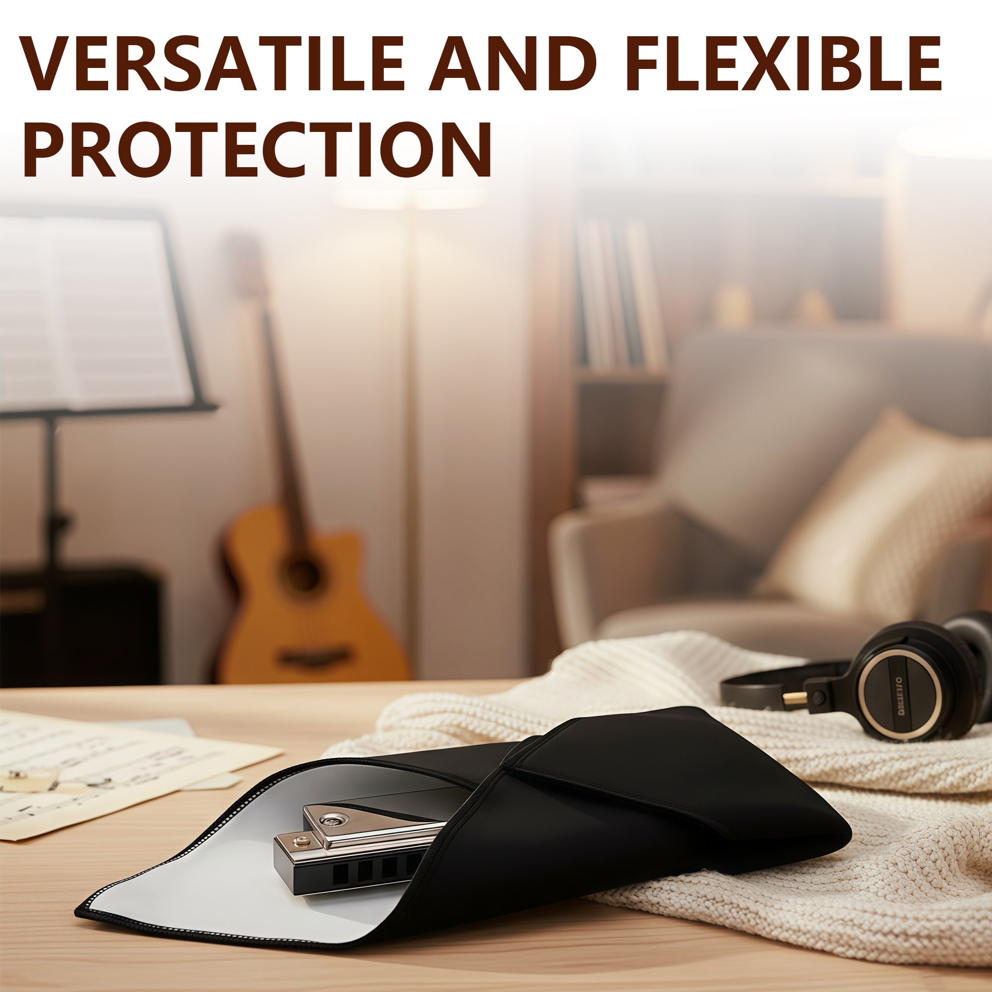 Musiin Premium Self-Adhesive Microphone & Guitar Head Cover, 13×13 in, Compatible with SM7dB, SM57, SM7B, Sony C-800G, Revelator Dynamic USB Mic, Harmonica & Small Audio Gear, Black & Khaki Set