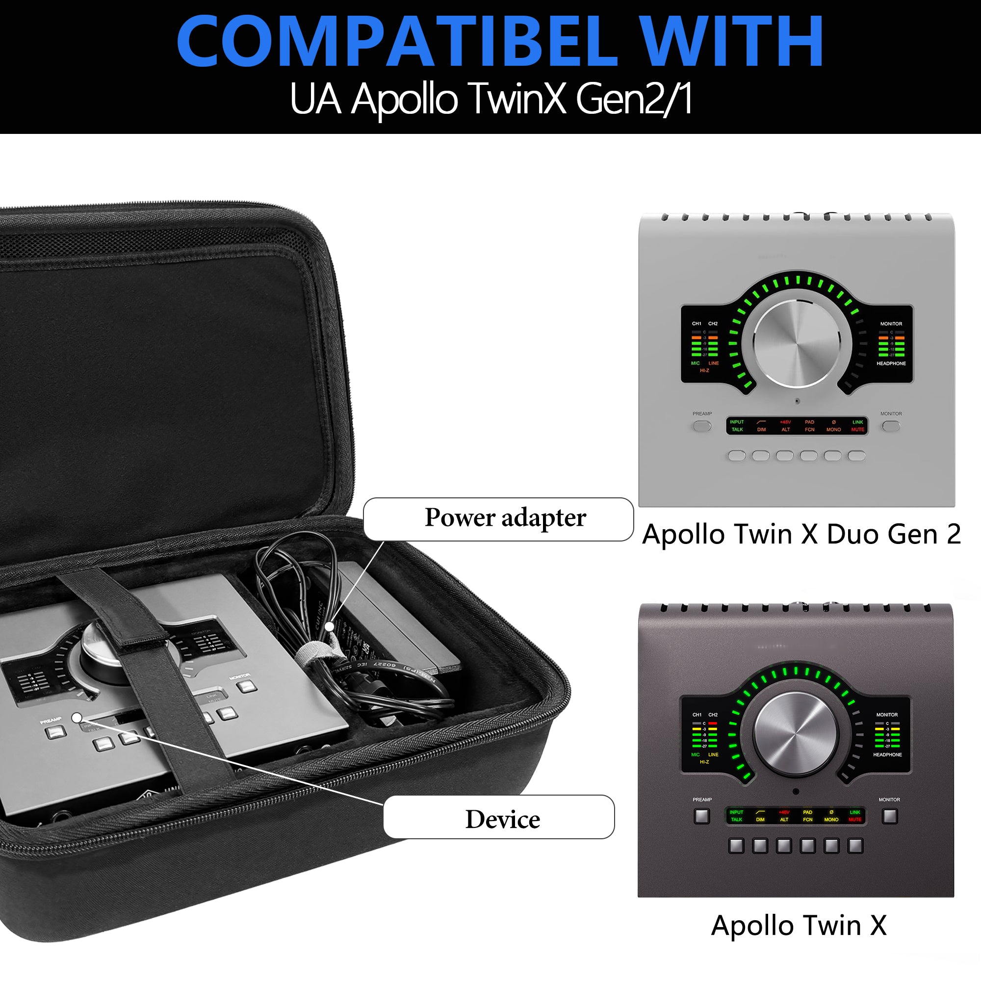 Musiin Audio Interface Carrying Case Compatible with Apollo Twin X DUO Gen 2/QUAD Gen 2, Equipped with Comfort Handle and Adjustable Shoulder Strap, Suitable for Traveling(Black)