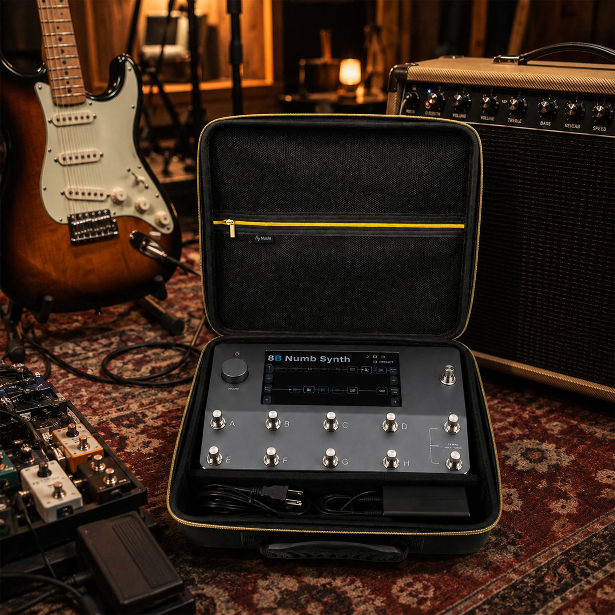 Musiin Guitar Digital Effects Processor Case Compatible with Neural DSP Quad Cortex, Portable Storage with Mesh Pocket, Cable Compartment, Gold Zipper and Handle (Gold Tone Edition)