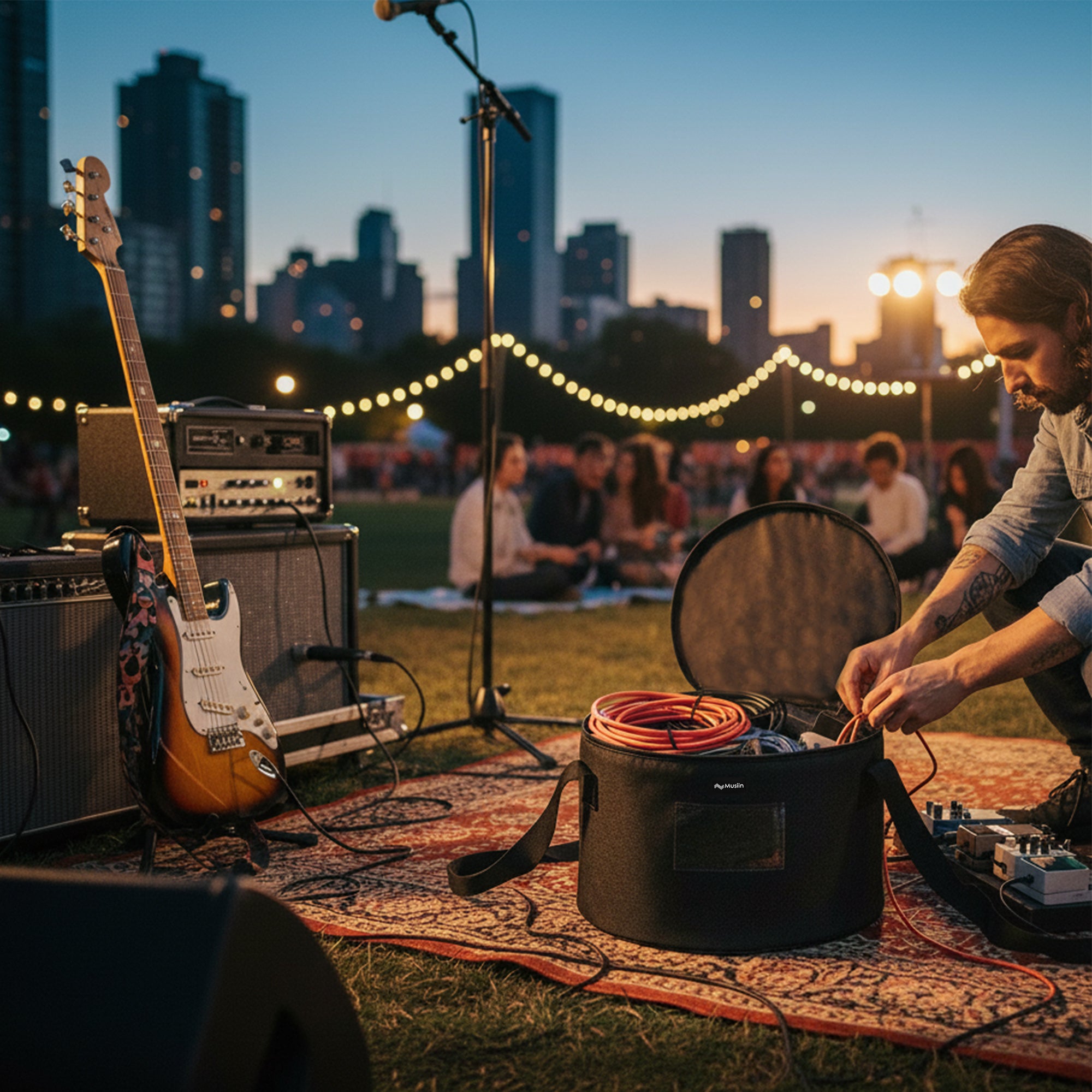 Musiin Accessories Bag for Guitar, Bass, Keyboard, Drums Cables & Adapters Multi-Function Round Storage, Internal Mesh Pocket for Connectors, Convenient and Stylish Music Gear Organizer.