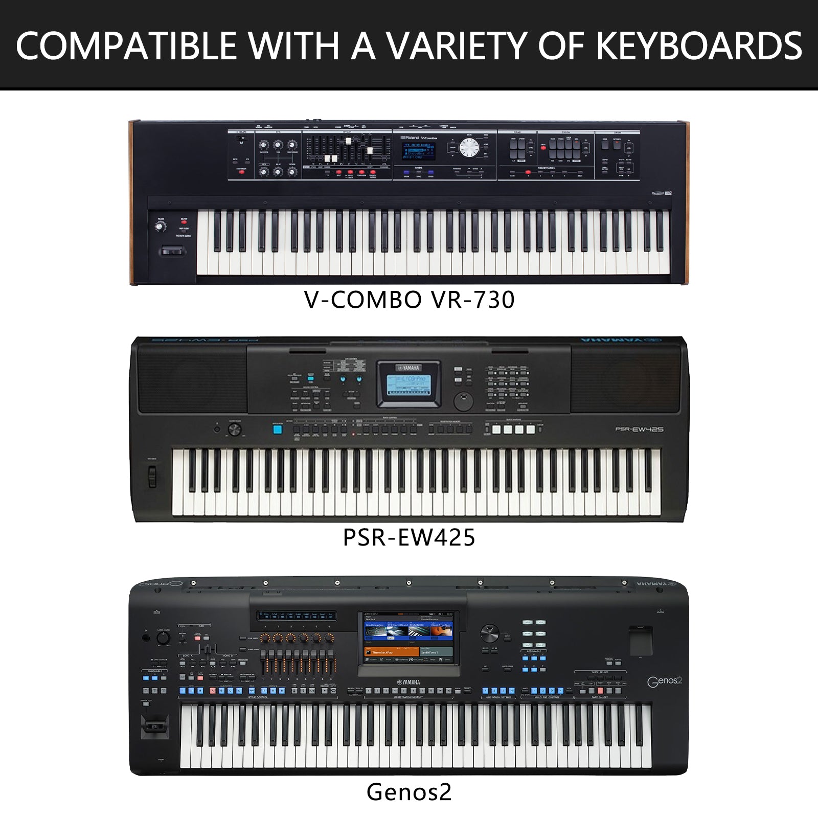 Musiin Home Studio 88-key piano keyboard dust cover, compatible with Yamaha PSR-EW425, Genos2, Roland V-COMBO VR-730, elastic cord lock, daily dustproof pet hair protection (black)