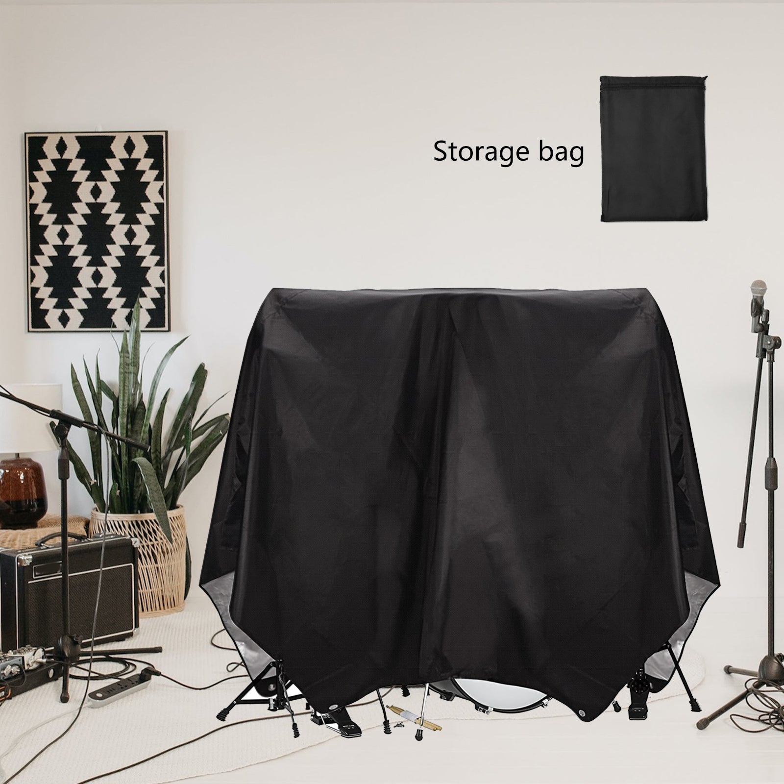 Musiin Drum set dust cover Protective drum cover, heavy-duty Oxford cloth with silver coating, suitable for most drum stands Comes with bag (Black)